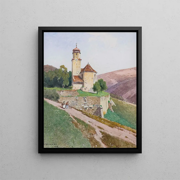 Summer landscape painting with chapel and figures - Ferdinand Brunner — framed artwork on a wall