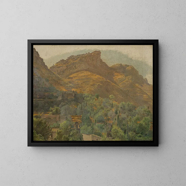 View of the mountain town of Mola near Taormina - Ferdinand Georg Waldmüller — framed artwork on a wall