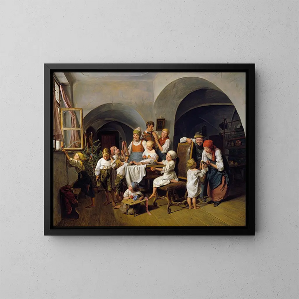 Kerstmis ochtend schilderij - Ferdinand Georg Waldmüller — ingelijst kunstwerk aan de muur
