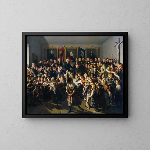 van Ferdinand Georg Waldmüller | De arme gezinnen worden geholpen door de gemeente Spittelberg tijdens het Sint-Maartenfeest met winterkleding. — ingelijst kunstwerk aan de muur