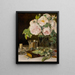 Natuurschilderij met rozen in een glas, een kandelaartje en een zilveren schaal - Ferdinand Georg Waldmüller — ingelijst kunstwerk aan de muur