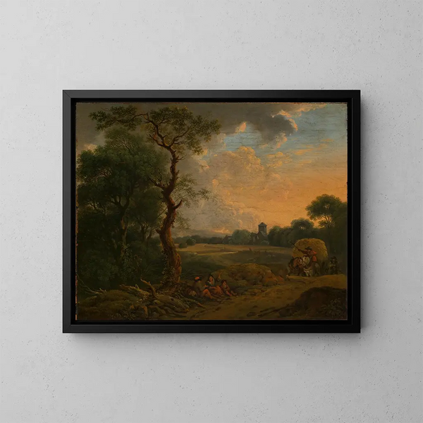 Landscape painting of the evening with a hay cart - Ferdinand Kobell — framed artwork on a wall