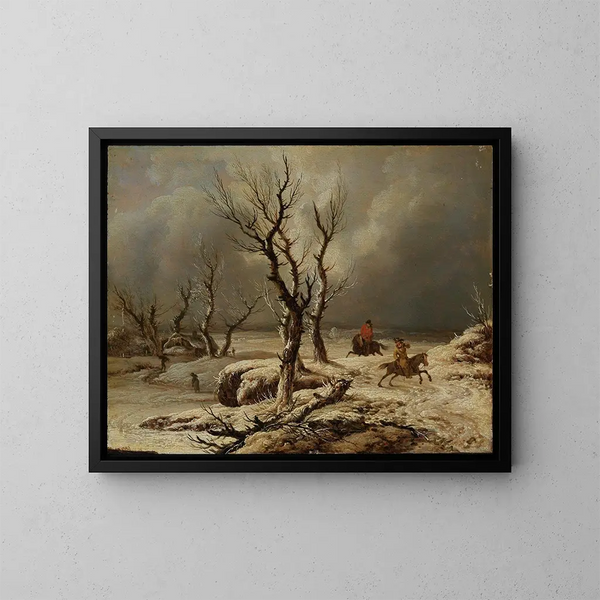 Winter Landscape with Two Horsemen - Ferdinand Kobell — framed artwork on a wall