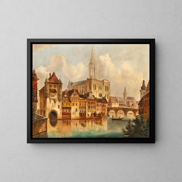 a scene on a canal near Strasbourg Cathedral - Ferdinand Lepié — framed artwork on a wall