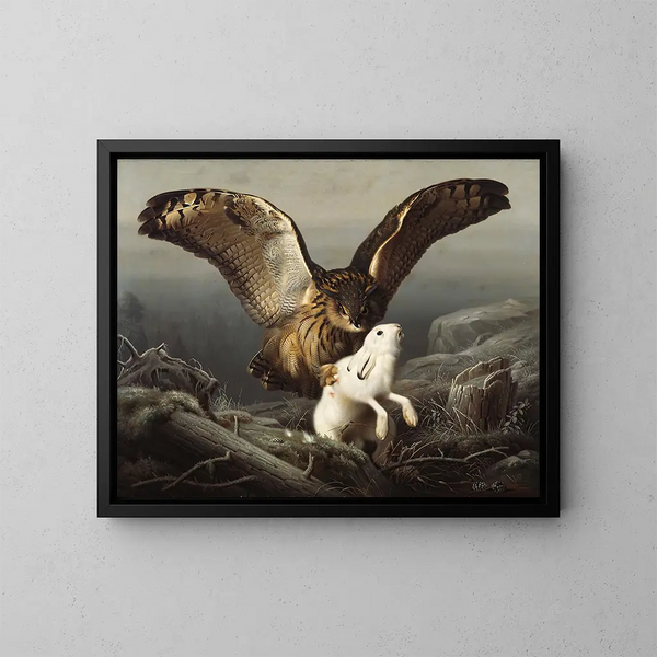 Een uil van de grote uil vangt een haas - Ferdinand von Wright — ingelijst kunstwerk aan de muur