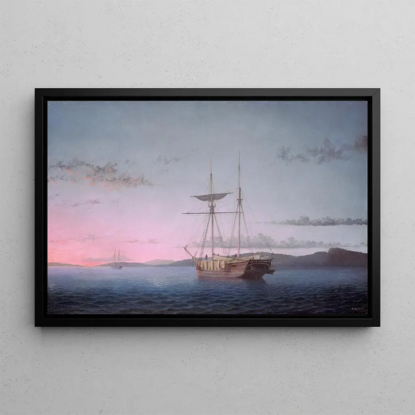 Goélettes en bois le soir sur la baie de Penobscot - Fitz Henry Lane — framed artwork on a wall