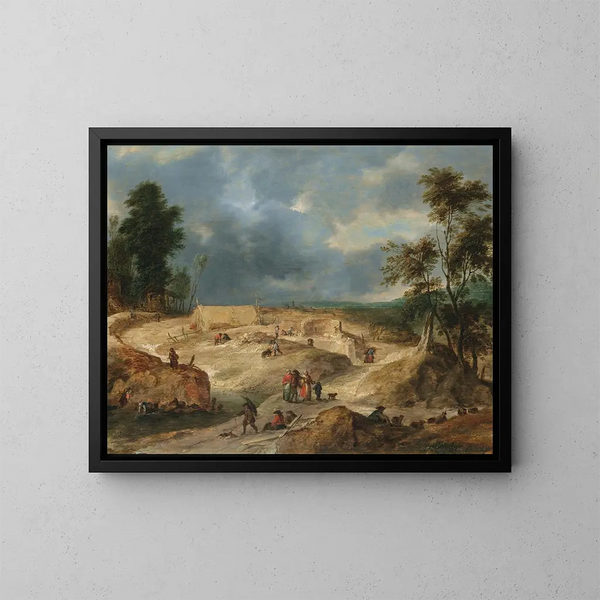 A landscape with peasants building a village - Flemish School — framed artwork on a wall