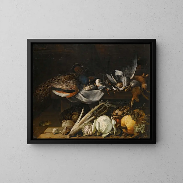 Nature morte with singing birds, a peacock, and rabbits on a ledge with a pumpkin, a cabbage, a cauliflower, celery, mushrooms, and grapes - Flemish School — framed artwork on a wall