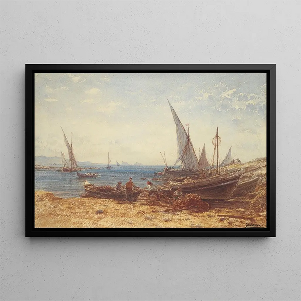 van vissers en boten aan de waterkant - Félix Ziem — ingelijst kunstwerk aan de muur