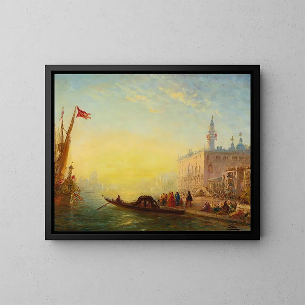 van Félix Ziem's schilderij La gondole au quai des Esclavons — ingelijst kunstwerk aan de muur