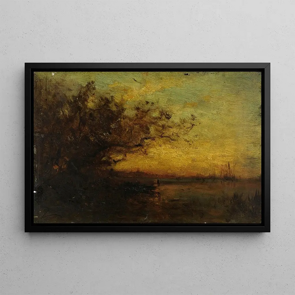 van Zonsondergang aan het water met twee studies op de achterzijde - Félix Ziem — ingelijst kunstwerk aan de muur