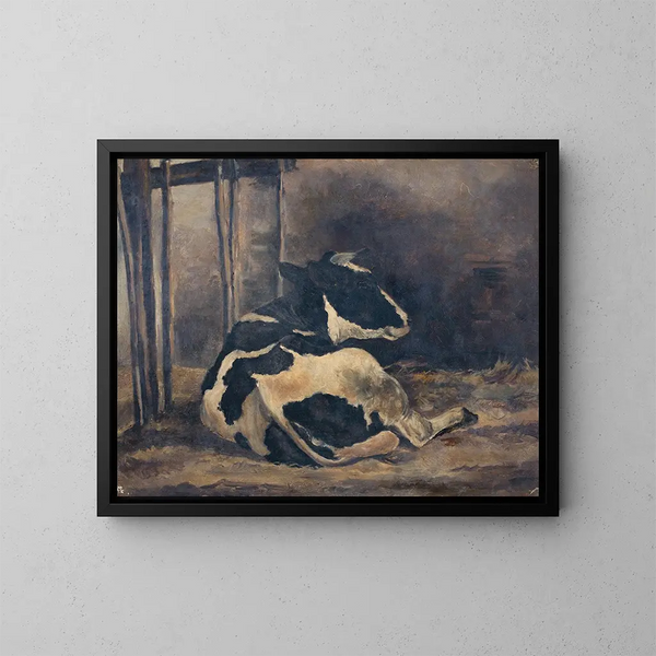 a lying cow in a stable - Floris Verster — framed artwork on a wall