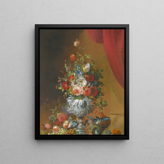 Follower of Anne VallayerCoster - Still Life With Flowers In An Urn Birds And Fruit On A Ledge Below.webp