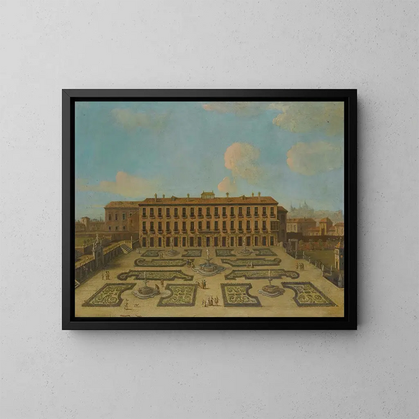 Uitzicht op een paleis, mogelijk het Palacio Riofrío in Segovia, met figuren die wandelen in de Franse tuinen - School van Francesco Battaglioli — ingelijst kunstwerk aan de muur