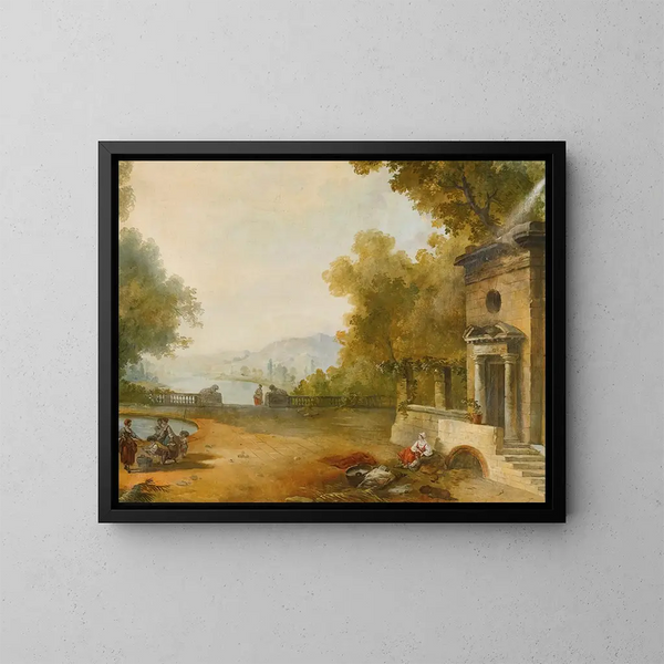 Figures sur une terrasse surplombant un grand lac - Ecole de Hubert Robert — framed artwork on a wall