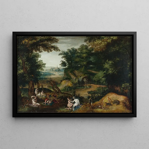Diane et Callisto - School of Joachim Anthonisz Wtewael — framed artwork on a wall