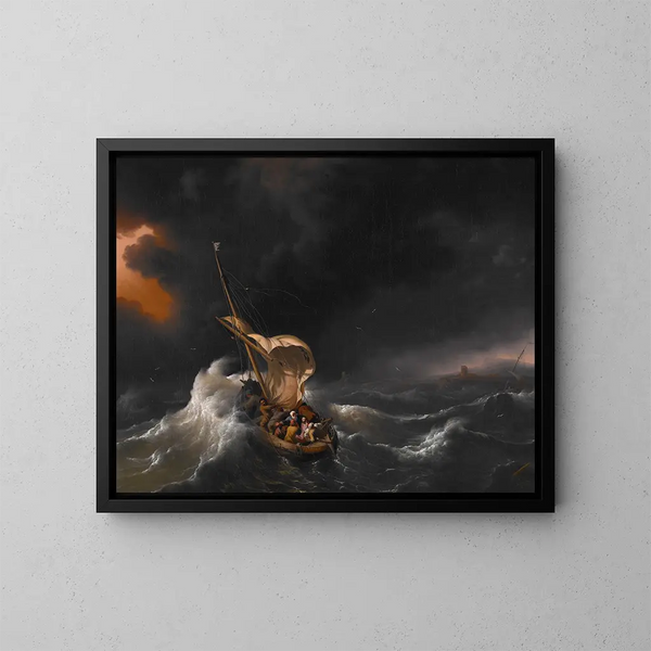 The Christ in the storm on the Sea of Galilee - School of Ludolf Backhuysen — framed artwork on a wall