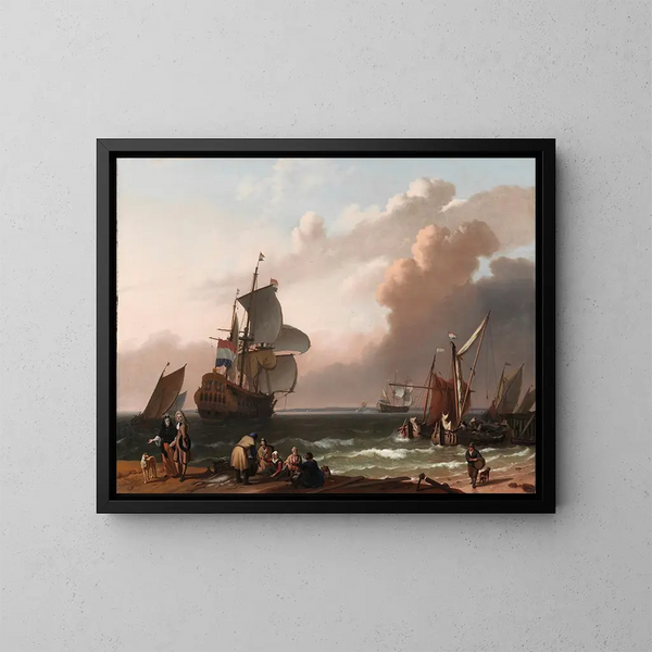 Coastal scene painting with a warship and other ships - Ludolf Backhuysen School — framed artwork on a wall