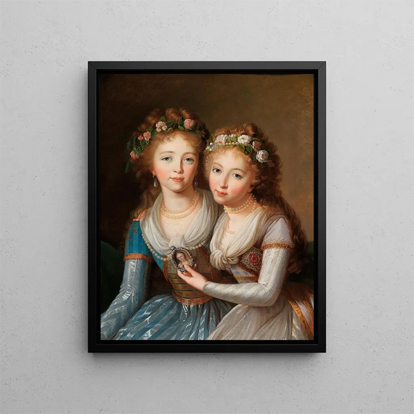 Double portrait of Grand Duchesses Alexandra 1783-1801 and Hélène 1784-1803 Romanov, daughters of Tsar Paul I - Marie-Louise Élisabeth Vigée Le Brun School — framed artwork on a wall
