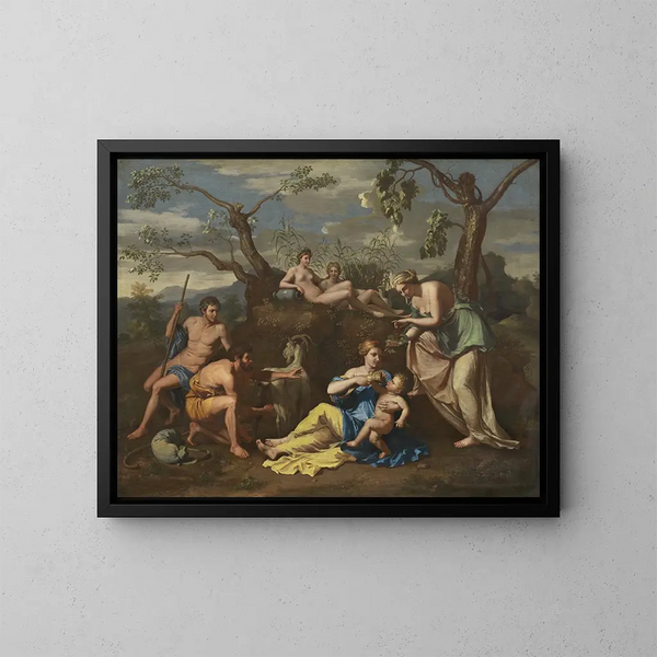 Nymph nourishing the child Jupiter - School of Nicolas Poussin — framed artwork on a wall