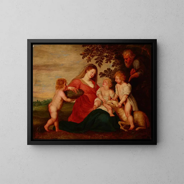 Sainte Famille with the Holy Child John the Baptist and an Angel - School of Peter Paul Rubens — framed artwork on a wall