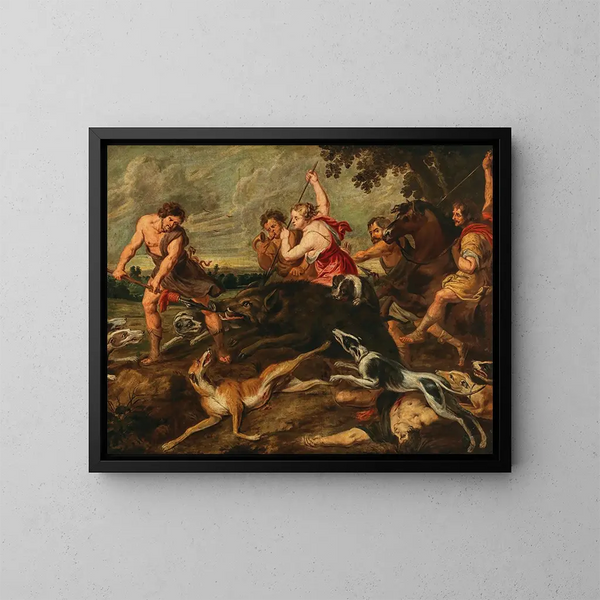 Méléagre et Atalante chassant le sanglier de Calydon - School of Peter Paul Rubens — framed artwork on a wall