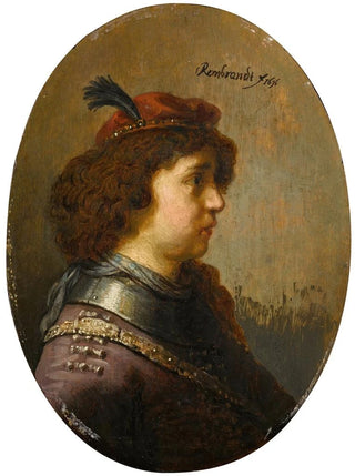 Follower of Rembrandt van Rijn - Portrait of a young man in armour and a red feathered cap.webp