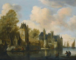 Follower of Salomon van Ruysdael - A Fortified Town On A River With A Ferry.webp