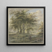 Forest of oaks with some huts in the foreground, a fisherman - Jan Hulswit — framed artwork on a wall