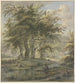 Forest of oaks with some huts in the foreground, a fisherman - Jan Hulswit — artwork view