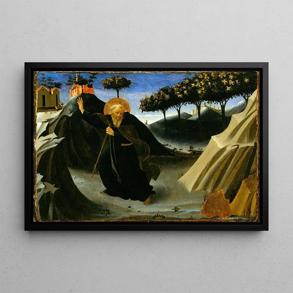 Saint Anthony Abbot fleeing the mass of gold - Fra Angelico — framed artwork on a wall