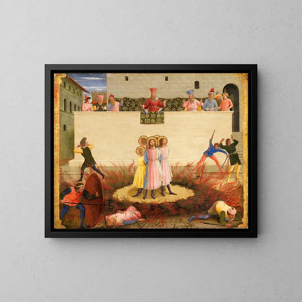 Saints Cosmas and Damian and their surviving brothers at the stake - Fra Angelico — framed artwork on a wall