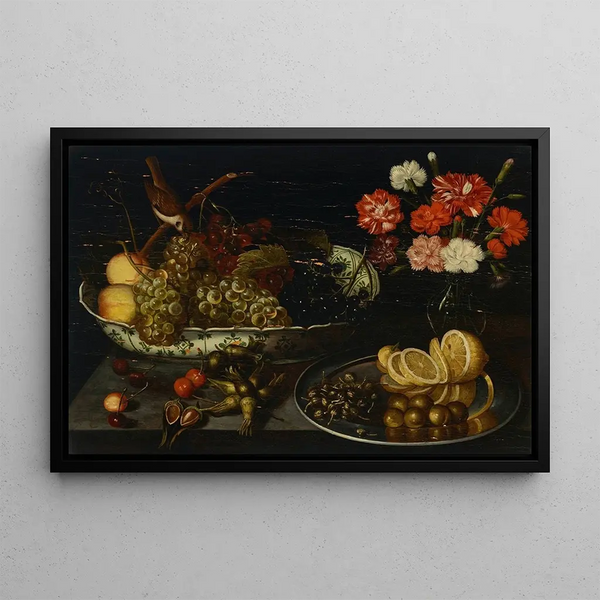 Francesco Codino - Grapes and peaches in a porcelain bowl with a finch carnations in a glass vase and a sliced lemon on a pewter plate.webp