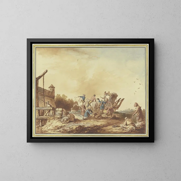 Francesco Giuseppe Casanova's "Devant la porte d'une forteresse, les bagages d'un voyageur qui s'arrête là avec sa diligence sont fouillés, à droite une famille de mendiants avec un chien." — framed artwork on a wall