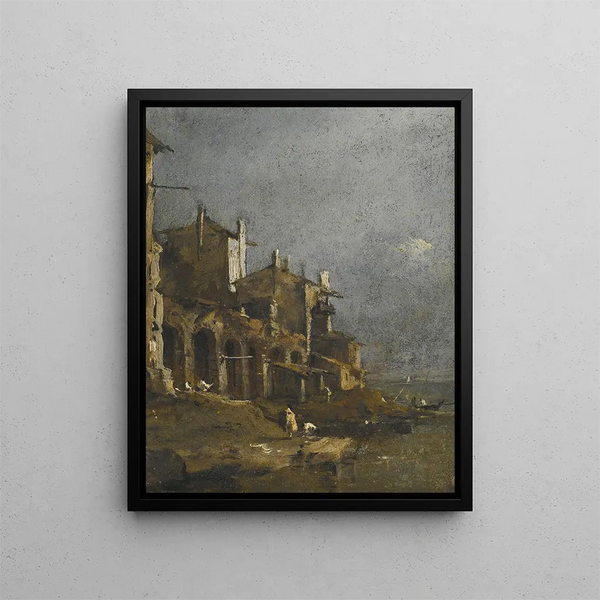 a coastal landscape of Capriccio with figures on the shore under an arcade - Francesco Guardi — framed artwork on a wall
