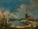 van een grill van een rustieke toren aan de rand van een meer - Francesco Guardi — weergave van het kunstwerk