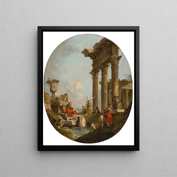 an architectural caprice with figures among classical ruins, a temple beyond - Francesco Guardi — framed artwork on a wall