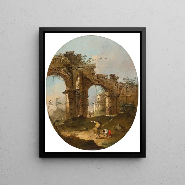 Un caprice architectural avec des figures près d'une arche en ruine - Francesco Guardi — framed artwork on a wall
