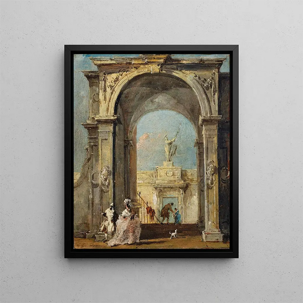 an architectural caprice with elegantly dressed characters and a dog at the entrance of a palace - Francesco Guardi — framed artwork on a wall