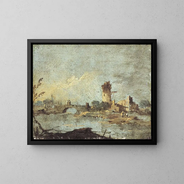 Rustic caprice with a bridge and a ruined tower - Francesco Guardi — framed artwork on a wall