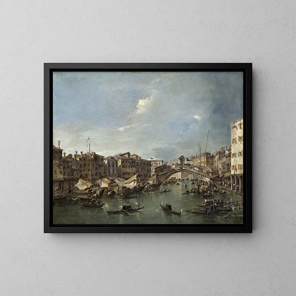 Grand Canal painting with Rialto Bridge, Venice - Francesco Guardi — framed artwork on a wall