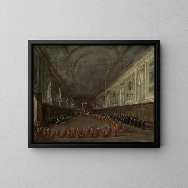 Le pape Pie VI descendant du trône pour faire ses adieux au doge dans la salle des SS Giovanni e Paolo 1782 - Francesco Guardi — framed artwork on a wall