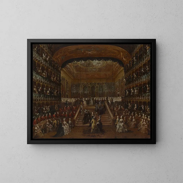 L'intérieur du Teatro San Benedetto à Venise lors du bal de 1782 en l'honneur des Conti del Nord - Francesco Guardi — framed artwork on a wall
