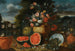 Natuurstudie met een grote compositie van bloemen in een gesculpteerde stenen urn, open watermeloenen, vijgen en terracotta potten op de tuinvloer eronder - Francesco Lavagna — weergave van het kunstwerk