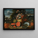 Natuurstudie met een grote compositie van bloemen in een gesculpteerde stenen urn, open watermeloenen, vijgen en terracotta potten op de tuinvloer eronder - Francesco Lavagna — ingelijst kunstwerk aan de muur