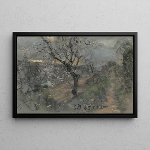 Francesco Paolo Michetti - A Hillside Path with Blooming Cherry Trees under an Overcast Sky.webp