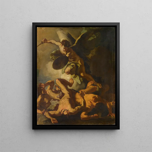 Saint Michel chassant les anges rebelles - Francesco Solimena — framed artwork on a wall