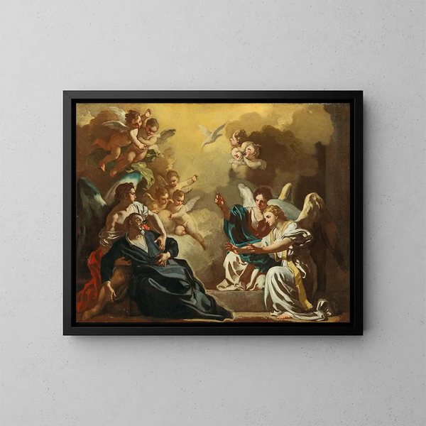 Saint Philip Neri receiving the Holy Spirit in the catacombs of Saint Sebastian - Francesco Solimena — framed artwork on a wall