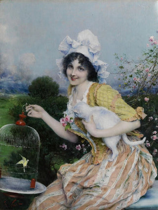 Francesco Vinea - Mdchen mit Katze und Vogelkfig.webp