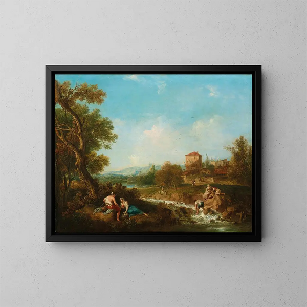 an Arcadian landscape with figures near a stream and a village beyond - Francesco Zuccarelli — framed artwork on a wall